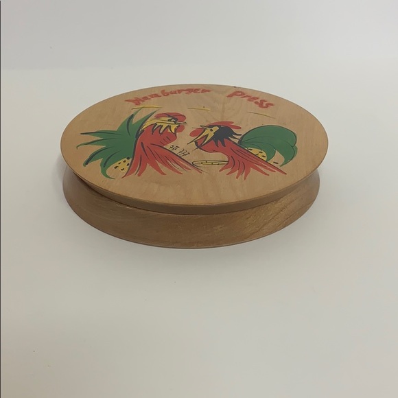 Vintage Wood Hamburger Press | Rooster Art | Round Perfect Burgers 60’s Kitchen - Picture 3 of 8